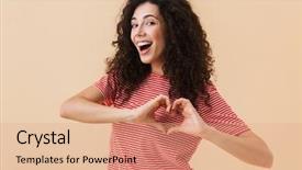  Presentation with love heart - Slides enhanced with woman isolated over beige wall background and a coral colored foreground