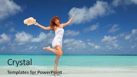  Presentation with blue crystal - Amazing PPT theme having woman jumping on the beach backdrop and a light blue colored foreground
