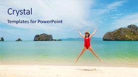  Presentation with blue crystal - Presentation design enhanced with woman jumping on the sea background and a sky blue colored foreground