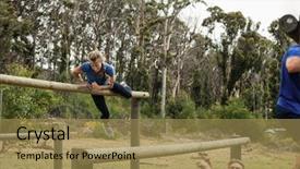 Presentation with obstacle course - Slide set with woman jumping over the hurdles background and a coral colored foreground