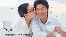  Presentation with coffee - PPT layouts enhanced with woman kissing her boyfriend on the cheek having coffee outside on a balcony background and a light gray colored foreground