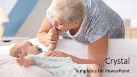  Presentation with mobile phone in woman hand - Slides enhanced with woman kissing her little grandchild background and a coral colored foreground