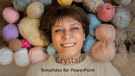  Presentation with needles - PPT theme having woman-knitter-in-her-workshop background and a  colored foreground