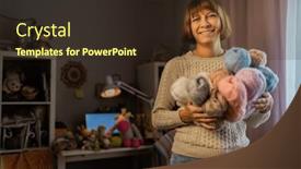  Presentation with needles - Presentation design featuring woman-knitter-in-her-workshop background and a tawny brown colored foreground