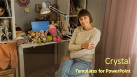  Presentation with needles - Presentation having woman-knitter-in-her-workshop background and a tawny brown colored foreground