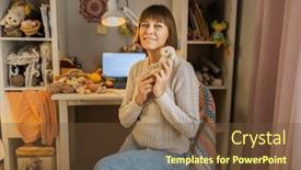  Presentation with needles - PPT theme featuring woman-knitter-in-her-workshop background and a tawny brown colored foreground