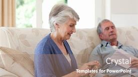  Presentation with knitting - Presentation having woman knitting while her husband is sleeping at home background and a coral colored foreground