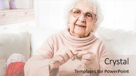  Presentation with happy smiling woman dental health - Theme enhanced with woman knitting with colorful lace background and a lemonade colored foreground