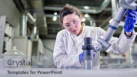  Presentation with rubber gloves - Audience pleasing PPT theme consisting of woman-lab-technician-in-blue backdrop and a light blue colored foreground