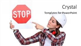  Presentation with woman in labor - Colorful PPT theme enhanced with woman laborer pointing stop sign backdrop and a white colored foreground