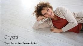  Presentation with flooring - Theme featuring woman laying on wooden modern flooring background and a light gray colored foreground