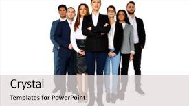  Presentation with team - Presentation theme having young adult leader - woman leading her team background and a light gray colored foreground