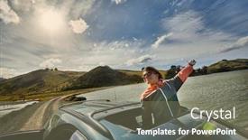  Presentation with journey - PPT theme having woman-leaning-out-through background and a gray colored foreground