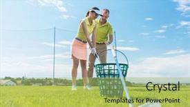  Presentation with cheerful - Beautiful slide deck featuring woman learning the correct grip backdrop and a yellow colored foreground