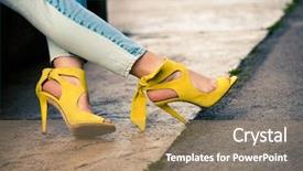  Presentation with blue and yellow geometric - Colorful slide deck enhanced with woman legs in leather yellow backdrop and a coral colored foreground