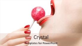  Presentation with sweet candy - Audience pleasing theme consisting of woman licking sweet sugar candy closeup isolated on white backdrop and a coral colored foreground