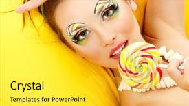  Presentation with candy - Slides featuring woman licks candy with beautiful make-up background and a light gray colored foreground