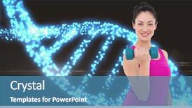  Presentation with dna structure - PPT theme with woman lifting dumbbells against dna background and a teal colored foreground