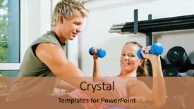  Presentation with gym ball - Audience pleasing PPT layouts consisting of woman lifting dumbbells on a fitness ball in a gym assisted by her personal trainer backdrop and a coral colored foreground