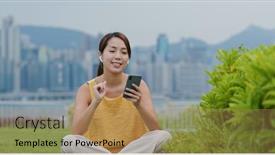  Presentation with hong kong - PPT theme having woman-listen-to-cellphone background and a coral colored foreground