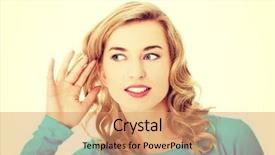  Presentation with ear - Presentation design consisting of woman listening gossip with her hand next to her ear background and a coral colored foreground