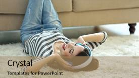  Presentation with listening woman - Colorful slide set enhanced with woman listening music in headphones backdrop and a coral colored foreground