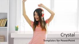  Presentation with music headphones - Presentation theme consisting of woman listening music in headphones background and a lemonade colored foreground