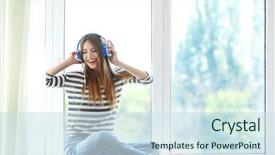  Presentation with listening woman - Beautiful slides featuring woman listening music in headphones backdrop and a sky blue colored foreground