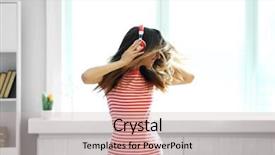  Presentation with listening woman - Audience pleasing PPT layouts consisting of woman listening music in headphones backdrop and a soft green colored foreground