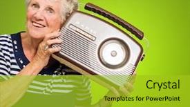  Presentation with music microphone radio mic retro - Beautiful presentation featuring woman listening music on radio backdrop and a gold colored foreground