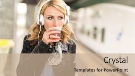  Presentation with listening woman - Colorful presentation enhanced with woman listening music while drinking backdrop and a coral colored foreground