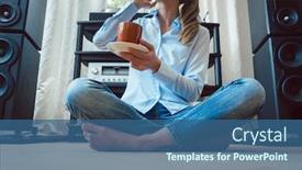  Presentation with listening woman - Colorful presentation enhanced with woman listening to music from a hi-fi stereo at home backdrop and a ocean colored foreground