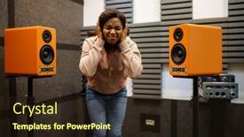  Presentation with music on a pa system - Beautiful theme featuring woman-listens-to-loud-music backdrop and a wine colored foreground