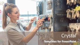  Presentation with locksmith - Amazing PPT layouts having woman-locksmith-choosing-key-blank backdrop and a coral colored foreground