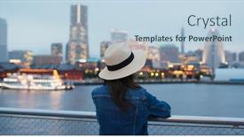  Presentation with look - Slide deck with woman look around in yokohama city background and a light blue colored foreground