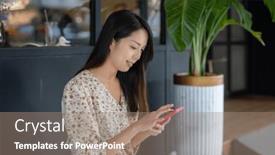  Presentation with look - Presentation design consisting of woman-look-at-cellphone background and a coral colored foreground