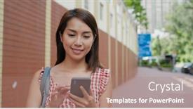  Presentation with smart city - PPT layouts featuring woman-look-at-smart-phone background and a coral colored foreground