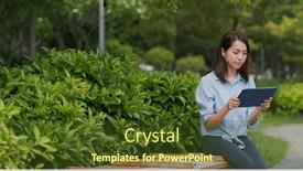  Presentation with look - Colorful presentation theme enhanced with woman-look-at-tablet-computer backdrop and a tawny brown colored foreground