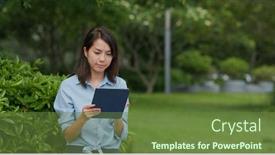  Presentation with look - Amazing PPT theme having woman-look-at-tablet-computer backdrop and a tawny brown colored foreground