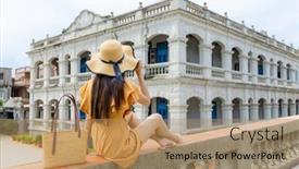  Presentation with look - PPT theme having woman-look-at-the-chen background and a coral colored foreground