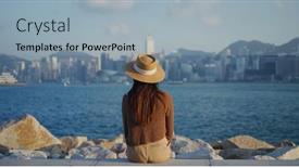  Presentation with hong kong - Slide set featuring woman-look-at-the-city background and a light blue colored foreground