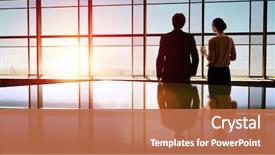  Presentation with two people talking - Slide deck enhanced with woman look at the city background and a coral colored foreground