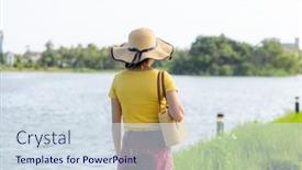  Presentation with look - Presentation design enhanced with woman-look-at-the-lake background and a sky blue colored foreground