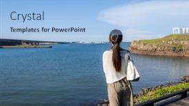  Presentation with look - Presentation with woman-look-at-the-sea background and a light blue colored foreground
