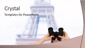  Presentation with eiffel tower - PPT layouts having woman lookin up using binoculars in front of the eiffel tower background and a white colored foreground
