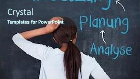  Presentation with german - Theme having woman looking at a chalkboard with success terms in german written on it background and a ocean colored foreground