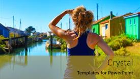  Presentation with oyster - Amazing presentation having woman-looking-at-beautiful-multicolored backdrop and a gold colored foreground