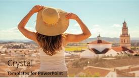  Presentation with village - PPT theme featuring woman-looking-at-beautiful-typical background and a coral colored foreground