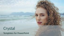  Presentation with close up of young girls - Slide set with woman looking at camera standing background and a  colored foreground