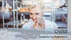  Presentation with chocolate cup cakes - Beautiful PPT theme featuring woman looking at cup cakes backdrop and a light blue colored foreground